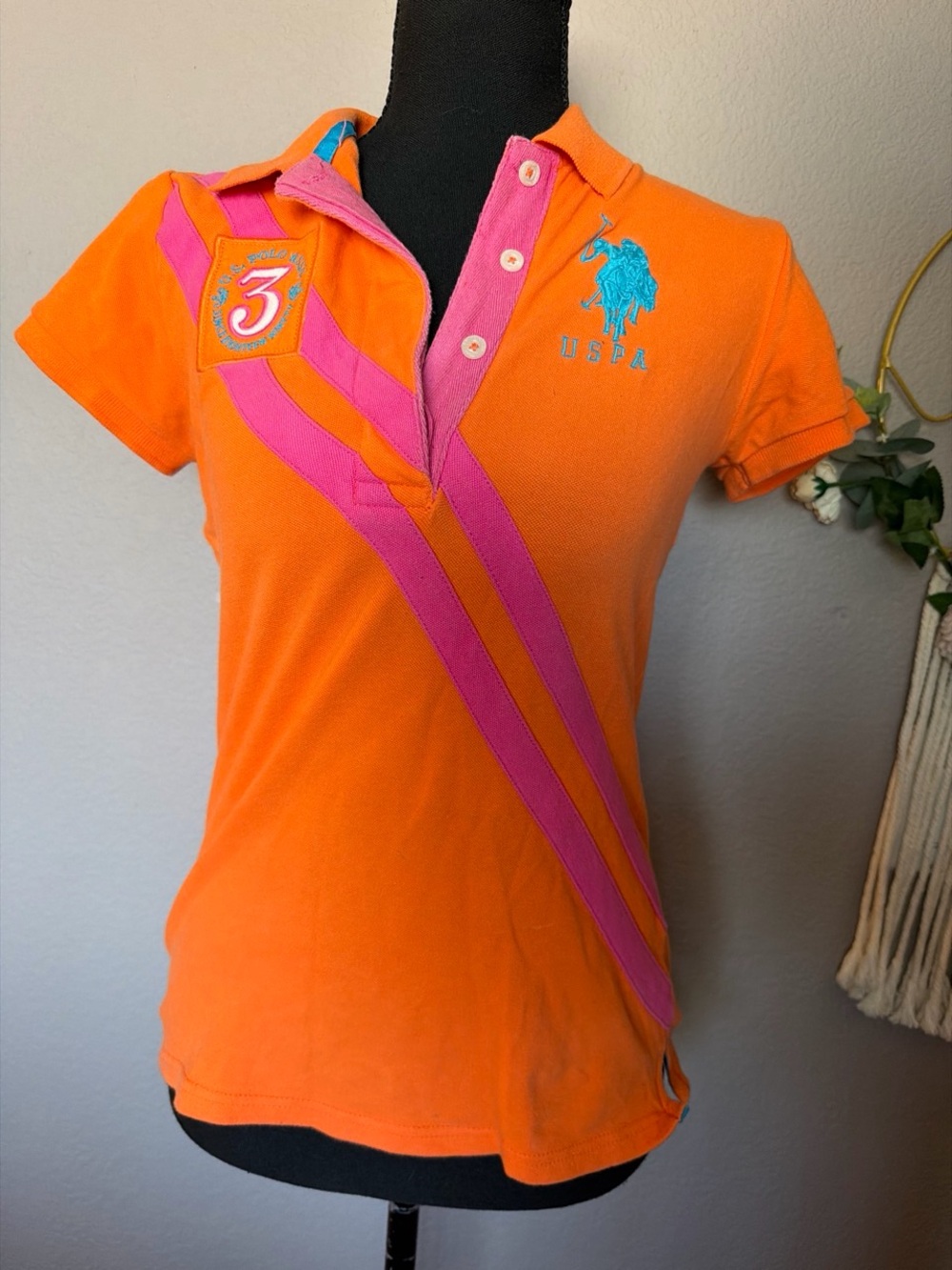 Rare Vintage Y2K U.S Polo Assn. Orange Polo with Pink Stripes Embroidery